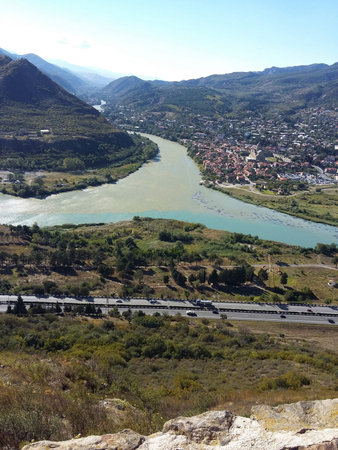 Aragvi and Kura rivers confluence near city of Mtskheta in Georgia republic