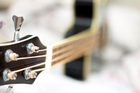 An acoustic bass guitar closeup isolated on the white background
