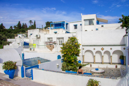 White and blue design town Sidi Bou Said, Tunisia, North Africa 09 october 2018のeditorial素材