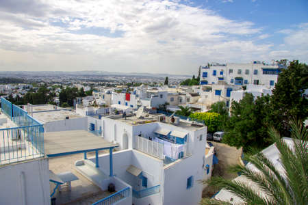White and blue design town Sidi Bou Said, Tunisia, North Africa 09 october 2018のeditorial素材