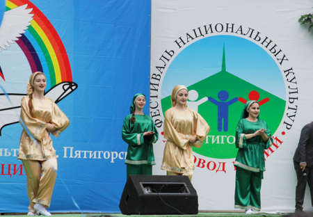 Festival of National cultures - Round dance of nations. Pyatigorsk, Russian Federation 12 june 2017. Dancing girlsのeditorial素材