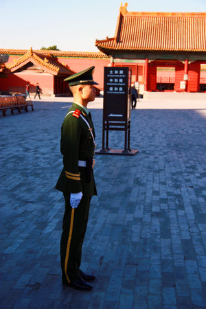 Soldier near of The Temples Of The Forbidden City In Beijing China republic 29 october 2013