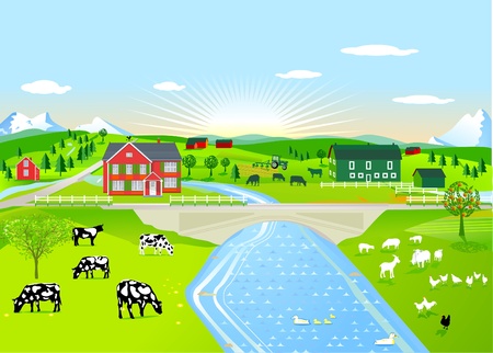 Summer morning landscape with agricultural animalsのイラスト素材