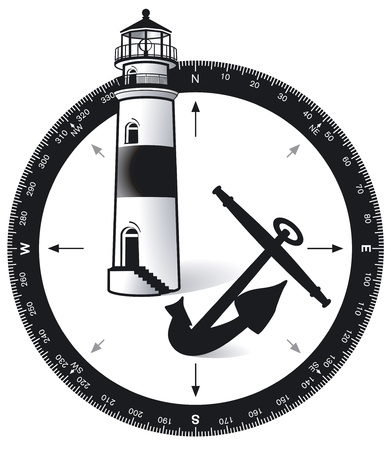 Compass, with a lighthouse and ship s anchorのイラスト素材