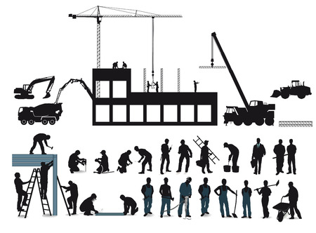 Construction project with construction workers のイラスト素材