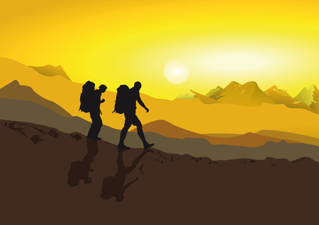 Hikers walking in the mountainsのイラスト素材