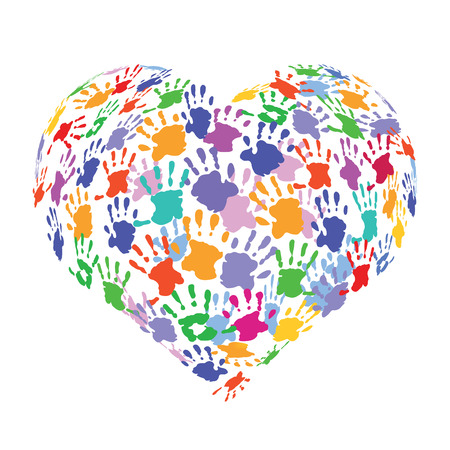 Heart shape FORMED with colorful handprintsのイラスト素材