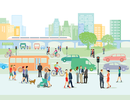 Urban street with pedestrians and carsのイラスト素材