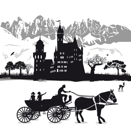 Castle with children and carriageのイラスト素材