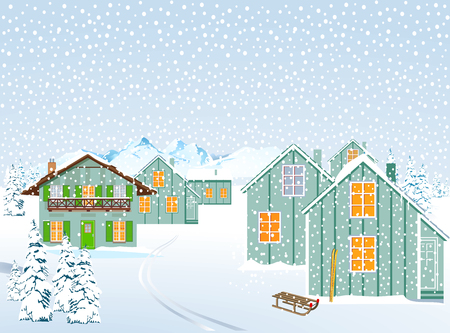 Snowy village in winter landscape in the mountainsのイラスト素材