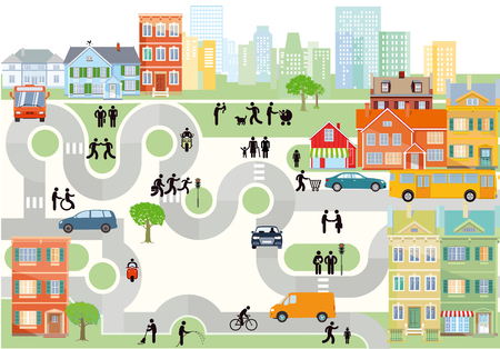 City panorama with traffic and pedestrianのイラスト素材