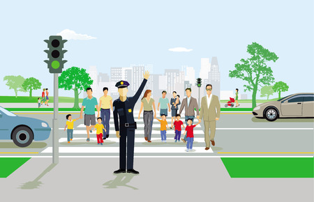Pedestrians at the pedestrian crossing with policemanのイラスト素材