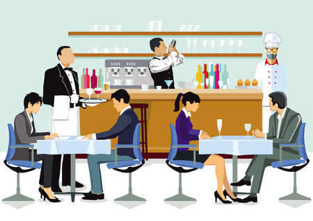 Restaurant with guests, waiters and cookのイラスト素材