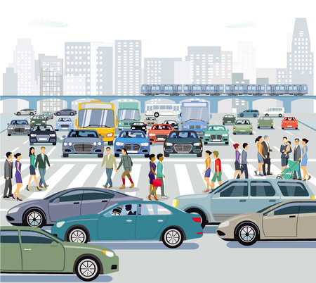 City with pedestrian crossing and road junction, illustrationのイラスト素材