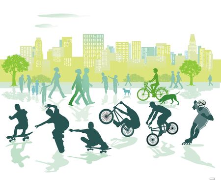 Skateboarding, cycling, fun in the parkのイラスト素材