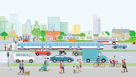 City with traffic and pedestrians on the sidewalkのイラスト素材