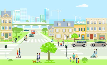 City with traffic and pedestrians on the sidewalkのイラスト素材
