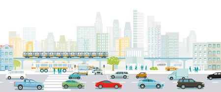 Road traffic with pedestrians and cars on urban streetのイラスト素材