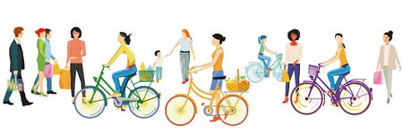 People walking and cycling illustrationのイラスト素材