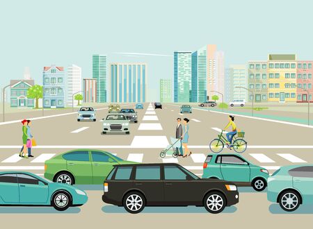 City with houses traffic and pedestriansのイラスト素材