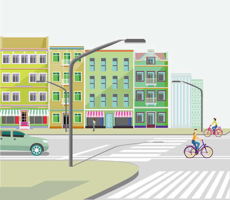 City with road traffic, apartment buildings and cyclistsのイラスト素材