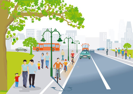 City with people and road traffic, illustrationのイラスト素材