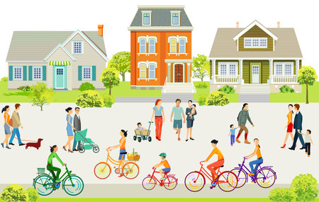 Suburb With Pedestrians And Families On The Sidewalk Illustrationのイラスト素材