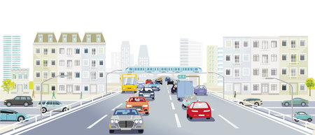 Elevated road in a big city with a lot of trafficのイラスト素材