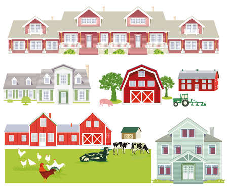 Farm houses and country houses, illustration isolatedのイラスト素材
