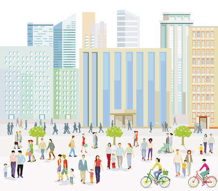 Big city with People on the sidewalk illustrationのイラスト素材