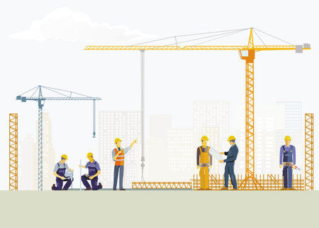 Building construction work with construction workers on the construction site