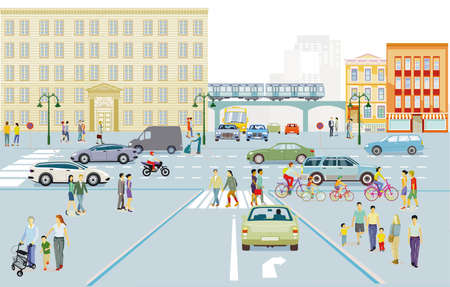 City silhouette with road traffic and people on the sidewalk, illustrationのイラスト素材