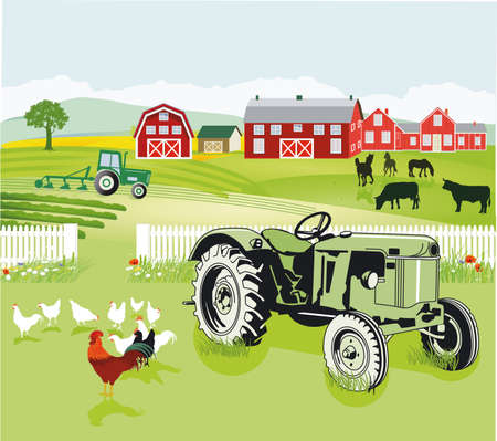 friendly farming with poultry, farmhouse and tractorのイラスト素材