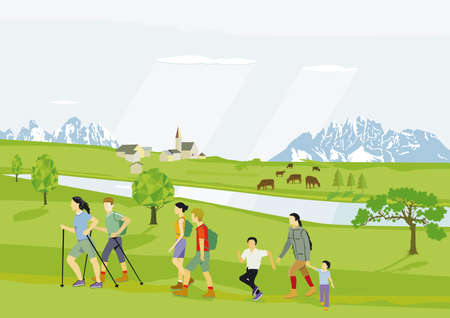 People and families hiking in leisure time illustrationのイラスト素材