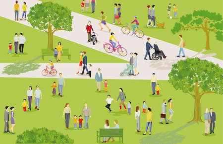 Families and other people have leisure time in the city park illustrationのイラスト素材