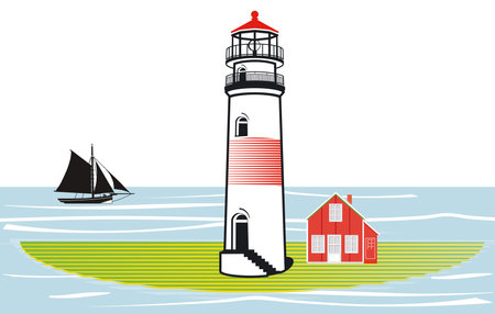 Lighthouse on an island and sailing ship illustrationのイラスト素材