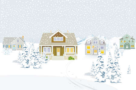 Country houses at Christmas in the snowy landscape, illustration,のイラスト素材
