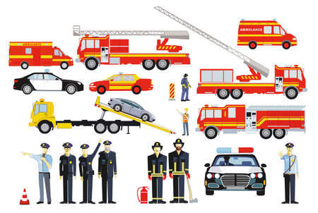 Fire brigade operation and police operation with firefighters and police officers, illustration isolatedのイラスト素材