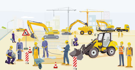 Construction site with excavator, architect and heavy truckのイラスト素材