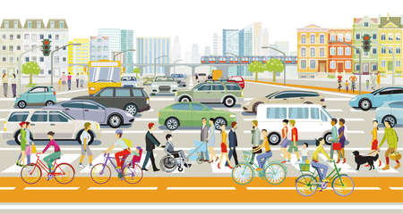 Road traffic with pedestrians and cars on city streets, illustrationのイラスト素材
