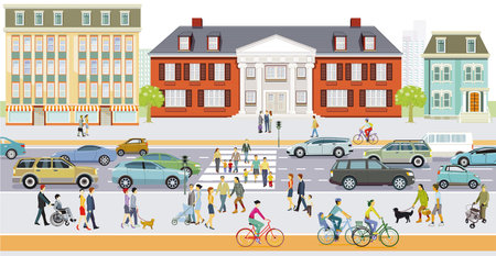City with road traffic, apartment buildings and pedestrians on the sidewalkのイラスト素材