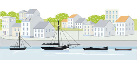 Ships in small port illustrationのイラスト素材