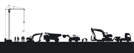 Construction company with excavator and bulldozer at earthwork illustration