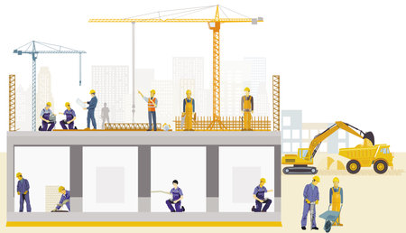 Construction site with craftsmen and construction machines, illustrationのイラスト素材