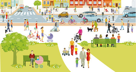 City silhouette with road traffic and pedestrians on the zebra crossing, illustrationのイラスト素材