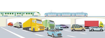 Highway with express train, truck and passenger car, illustrationのイラスト素材