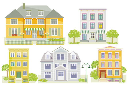 Set of houses and apartment buildings, country houses, wooden houses, family houses, isolated on white background. illustrationのイラスト素材