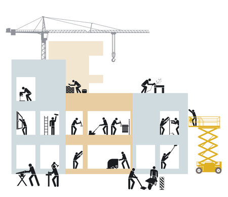 House building construction site with construction workers pictogram illustrationのイラスト素材