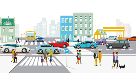 Urban silhouette of a city with traffic and people, illustrationのイラスト素材