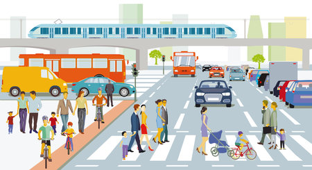 People on the crosswalk and road and rail traffic, illustrationのイラスト素材